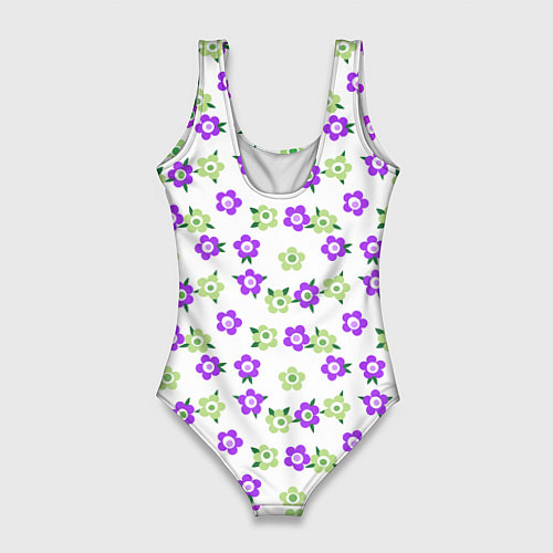 Женский купальник-боди Зеленые фиолетовые цветы на белом фоне / 3D-принт – фото 2