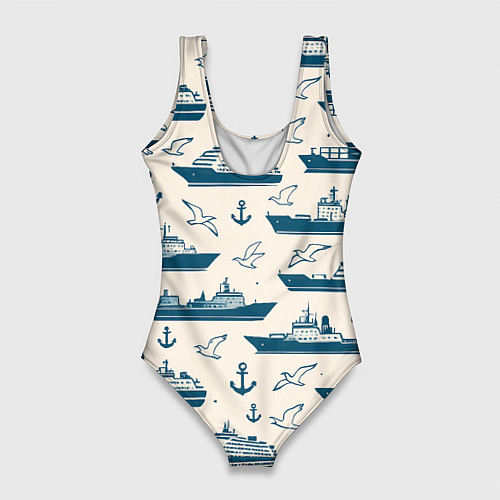 Женский купальник-боди Морской паттерн из чаек, якорей и кораблей / 3D-принт – фото 2