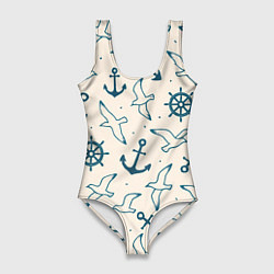 Купальник-боди 3D женский Морской паттерн из штурвалов, чаек и якорей, цвет: 3D-принт