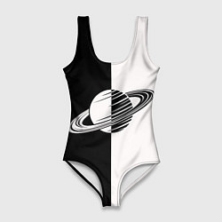 Купальник-боди 3D женский Сатурн черно-белый, цвет: 3D-принт