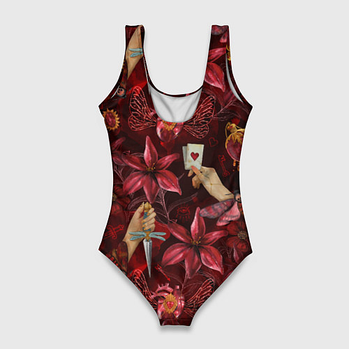 Женский купальник-боди Бордовая готика с сердцем, лилиями и мотыльками / 3D-принт – фото 2