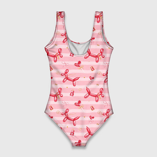 Женский купальник-боди Красные шарики-собачки на розовых полосках / 3D-принт – фото 2
