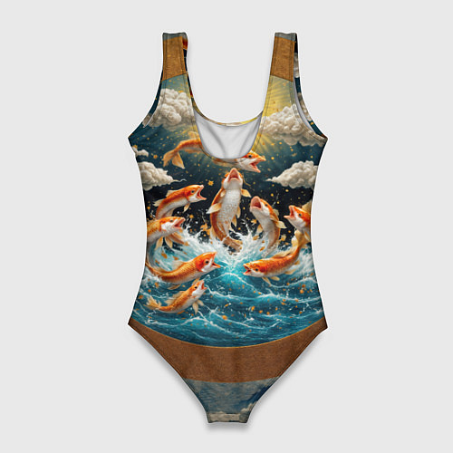 Женский купальник-боди Большие золотистые рыбы выпрыгивают из воды / 3D-принт – фото 2