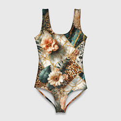 Купальник-боди 3D женский Цветы на кусках мрамора и леопардовом узоре, цвет: 3D-принт