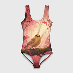 Купальник-боди 3D женский Желтая птица в розовом цветущем лесу, цвет: 3D-принт