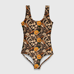 Женский купальник-боди Новогодний орнамент с корицей и дольками апельсина