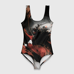 Купальник-боди 3D женский Тёмные краски абстракция красно-чёрный, цвет: 3D-принт