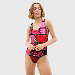 Купальник-боди 3D женский Рубиновый красный витражные плитки, цвет: 3D-принт — фото 2