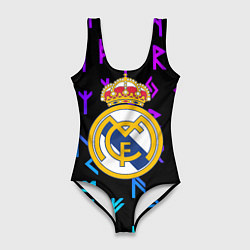 Купальник-боди 3D женский Реал Мадрид неоновые символы, цвет: 3D-принт