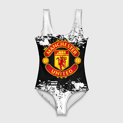 Купальник-боди 3D женский Манчестер Юнайтед черно белые краски лого, цвет: 3D-принт