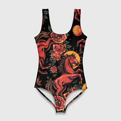 Купальник-боди 3D женский Красная лошадь с розами, цвет: 3D-принт