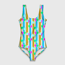Купальник-боди 3D женский Полосатый с сердечками ретро в горошек, цвет: 3D-принт