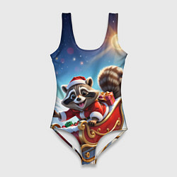Купальник-боди 3D женский Енот в санях, цвет: 3D-принт
