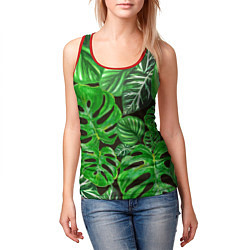 Майка-безрукавка женская Тропические листья на темном фоне, цвет: 3D-красный — фото 2