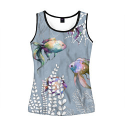 Майка-безрукавка женская Разноцветные акварельные рыбки и белые водоросли, цвет: 3D-черный