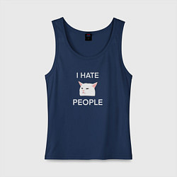 Майка женская хлопок I hate people, текст с белым мемным котом, цвет: тёмно-синий