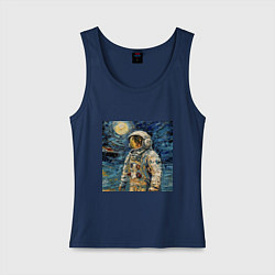 Майка женская хлопок Космонавт на луне в стиле Ван Гог, цвет: тёмно-синий