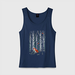Майка женская хлопок Рыжая лиса в березовом лесу, цвет: тёмно-синий