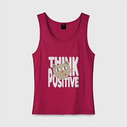 Майка женская хлопок Забавный кот и надпись Think positive, цвет: маджента