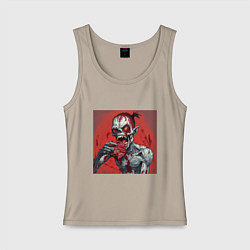 Майка женская хлопок Зомби с большими красными глазами ест мясо, цвет: миндальный