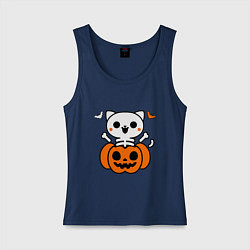 Майка женская хлопок Веселый кот-скелет в тыкве - Хэллоуин, цвет: тёмно-синий
