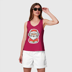Майка женская хлопок Дед Мороз в наушниках, цвет: маджента — фото 2