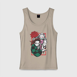 Майка женская хлопок Клинок рассекающий демонов Незуко и Тандзиро цвето, цвет: миндальный