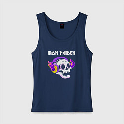Майка женская хлопок Iron Maiden - неоновый череп, цвет: тёмно-синий