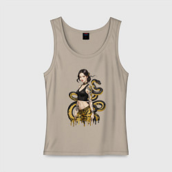 Майка женская хлопок Женщина и чёрно-жёлтая змея за её спиной, цвет: миндальный