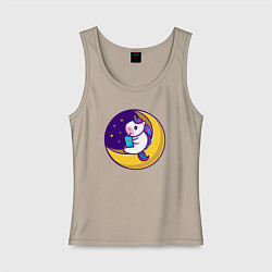 Майка женская хлопок Единорог читает на луне, цвет: миндальный