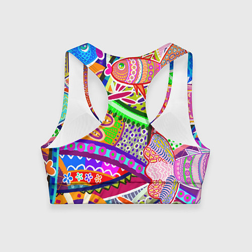 Женский спортивный топ Разноцветные яркие рыбки на абстрактном цветном фо / 3D-принт – фото 2