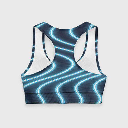 Женский спортивный топ Неоновый свет Волны голубые на темном фоне / 3D-принт – фото 2
