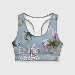 Топик спортивный женский Разноцветные акварельные рыбки и белые водоросли, цвет: 3D-принт