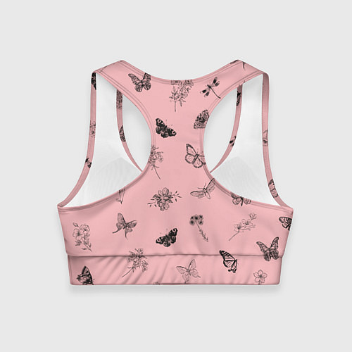 Женский спортивный топ Цветочки и бабочки на розовом фоне / 3D-принт – фото 2
