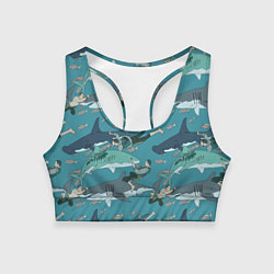 Топик спортивный женский Ныряльщики и акулы - паттерн, цвет: 3D-принт