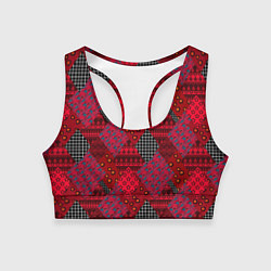 Топик спортивный женский Красный лоскутный узор пэчворк, цвет: 3D-принт