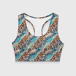Топик спортивный женский Леопардовый узор на синих, бежевых диагональных по, цвет: 3D-принт