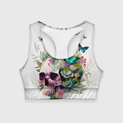 Топик спортивный женский Красивый череп с листьями и бабочками, цвет: 3D-принт