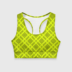 Топик спортивный женский Черный геометрический орнамент на желтом фоне, цвет: 3D-принт