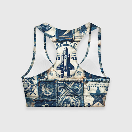 Женский спортивный топ Ракета на дениме- пэчворк / 3D-принт – фото 2