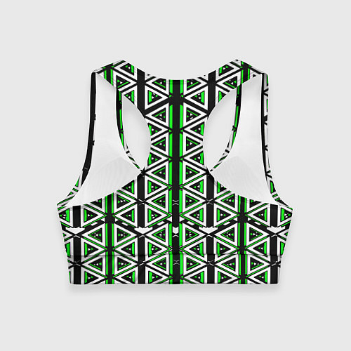 Женский спортивный топ Бело-зелёные треугольники на чёрном фоне / 3D-принт – фото 2