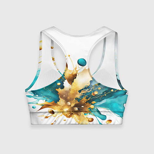 Женский спортивный топ Бирюзово голубая абстракция, брызги краски на бело / 3D-принт – фото 2