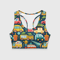 Топик спортивный женский Игрушечные машинки на синем фоне, цвет: 3D-принт