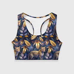 Топик спортивный женский Леопард с золотыми листьями паттерны, цвет: 3D-принт