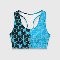Топик спортивный женский Техно-киберпанк шестиугольники голубой и чёрный, цвет: 3D-принт
