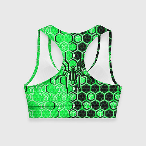 Женский спортивный топ Техно-киберпанк шестиугольники зелёный и чёрный с / 3D-принт – фото 2