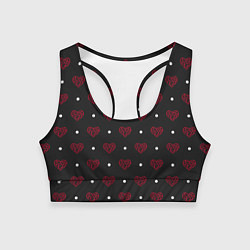 Топик спортивный женский Красные сердечки и белые точки на черном, цвет: 3D-принт