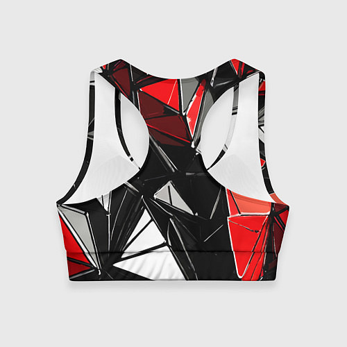 Женский спортивный топ Красно-белые рельефные треугольники на чёрном фоне / 3D-принт – фото 2