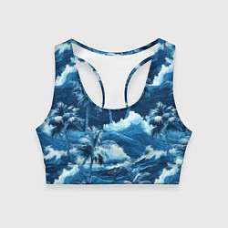 Топик спортивный женский Пальмы и волны - голубые оттенки паттерн, цвет: 3D-принт