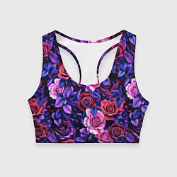 Топик спортивный женский Разноцветные цветы - синие розы паттерн, цвет: 3D-принт